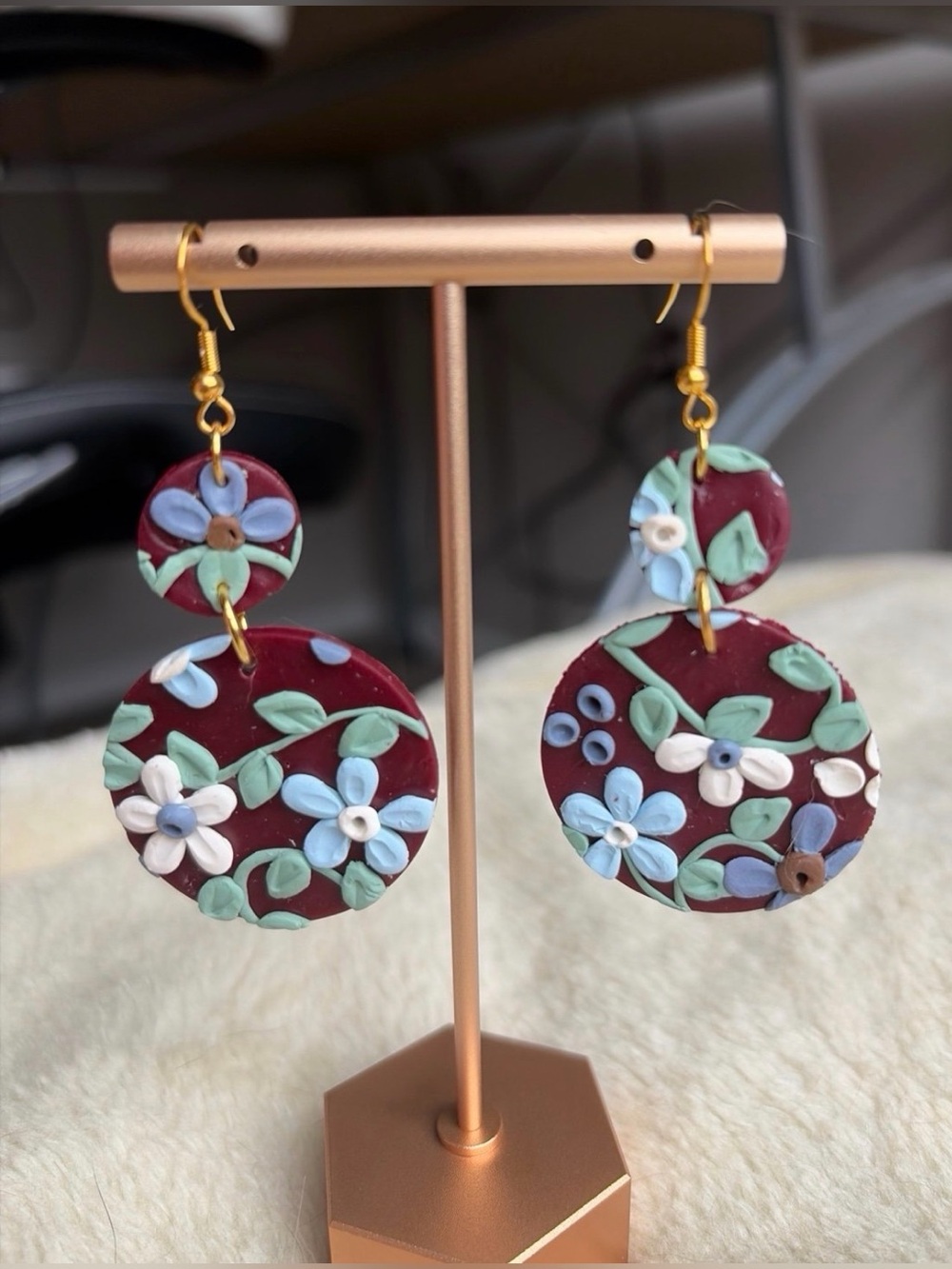 Maroon Floral Drop Earrings with Gold Hooks - Women Jewelry